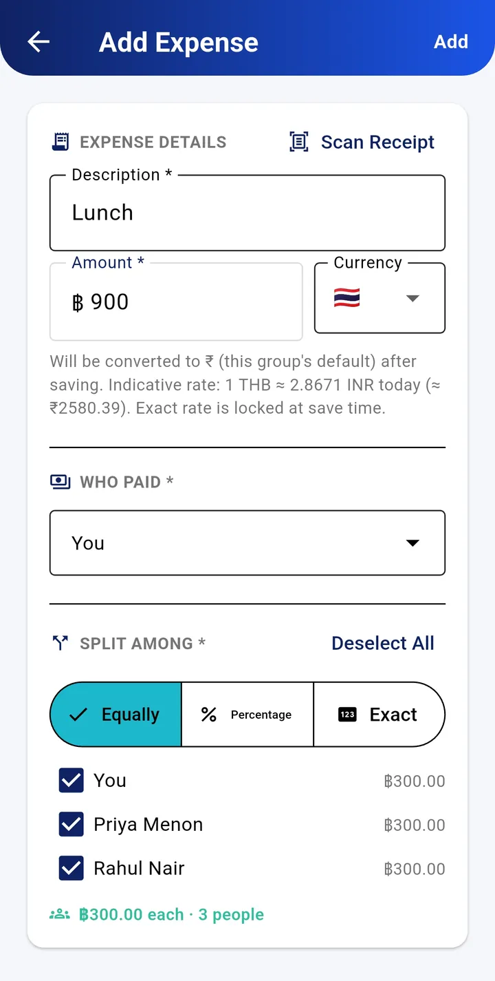 Levia add expense form with currency, scan receipt and split options