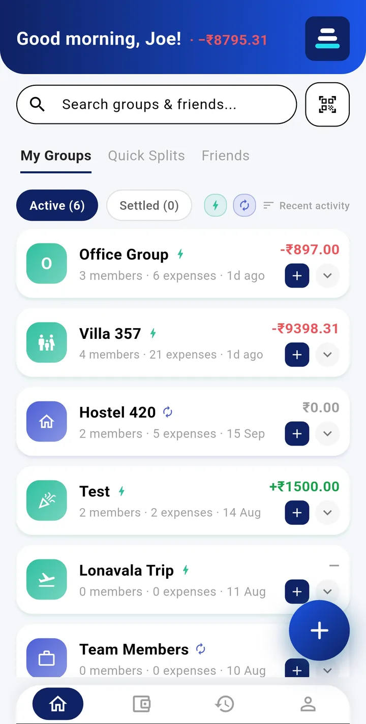 Levia home screen listing your groups with what you owe or are owed