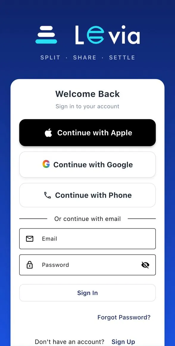 Levia sign-in with Apple, Google, phone or email