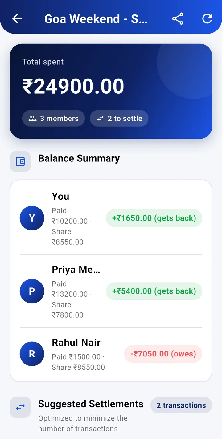Levia group settlement with total spent, balances and suggested payments